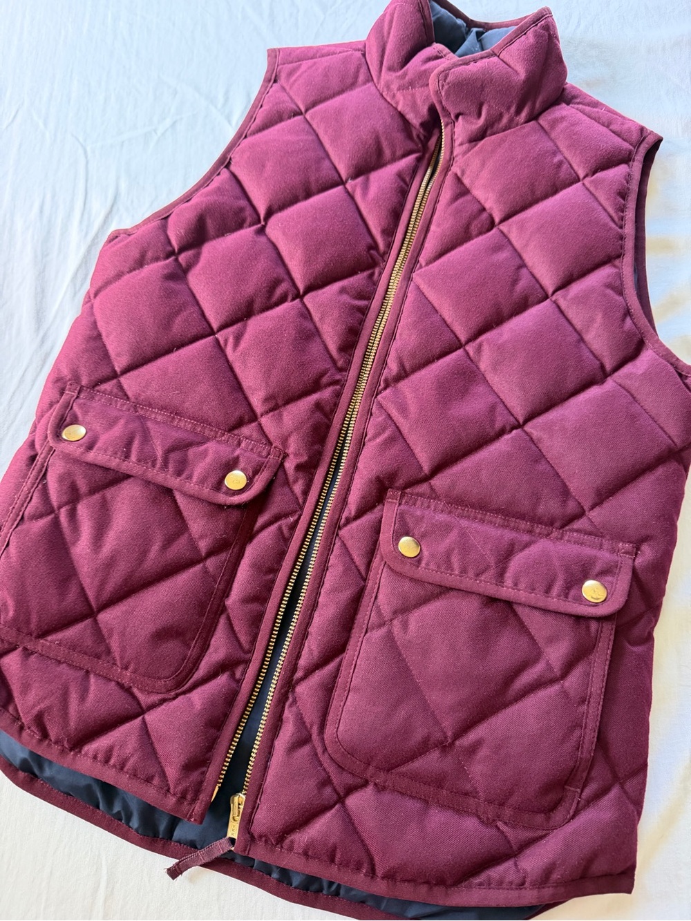 J. Crew Quilted Puffer Vest in Deep Bergandy with Gold Hardware